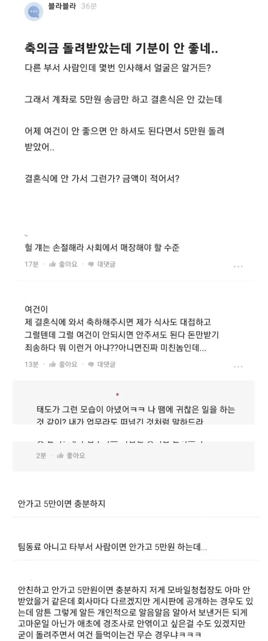 축의금 돌려받았는데 기분이 안 좋네