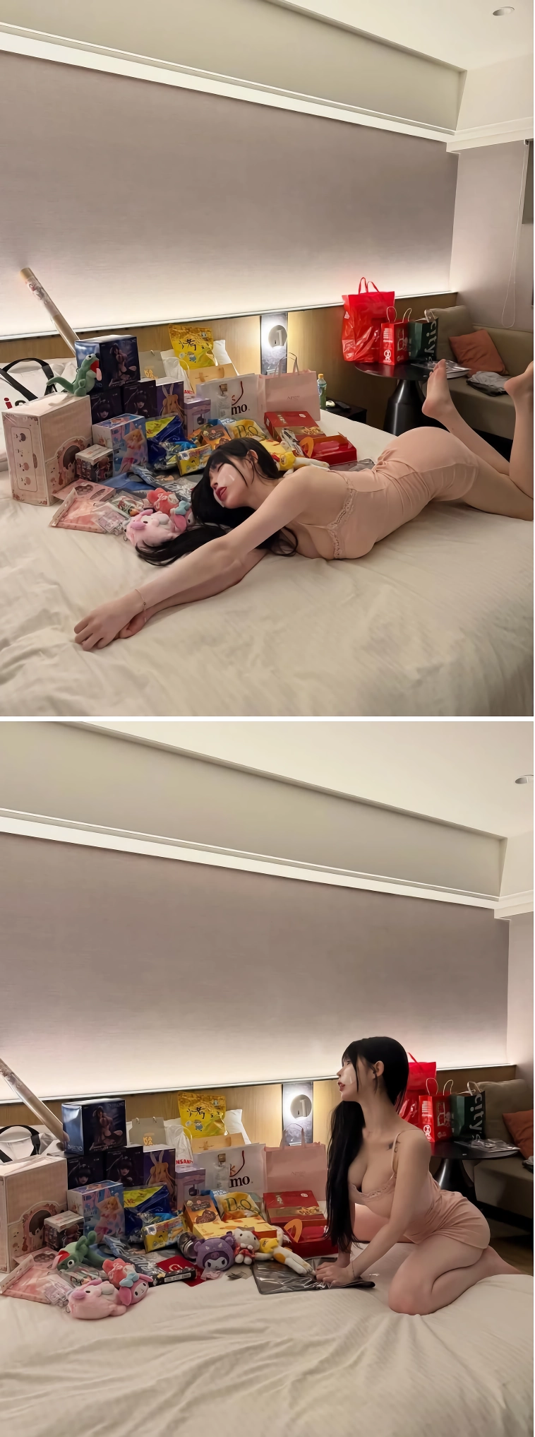분홍색 원피스 입고 침대에 엎드린 겨우디 생팬티 노출