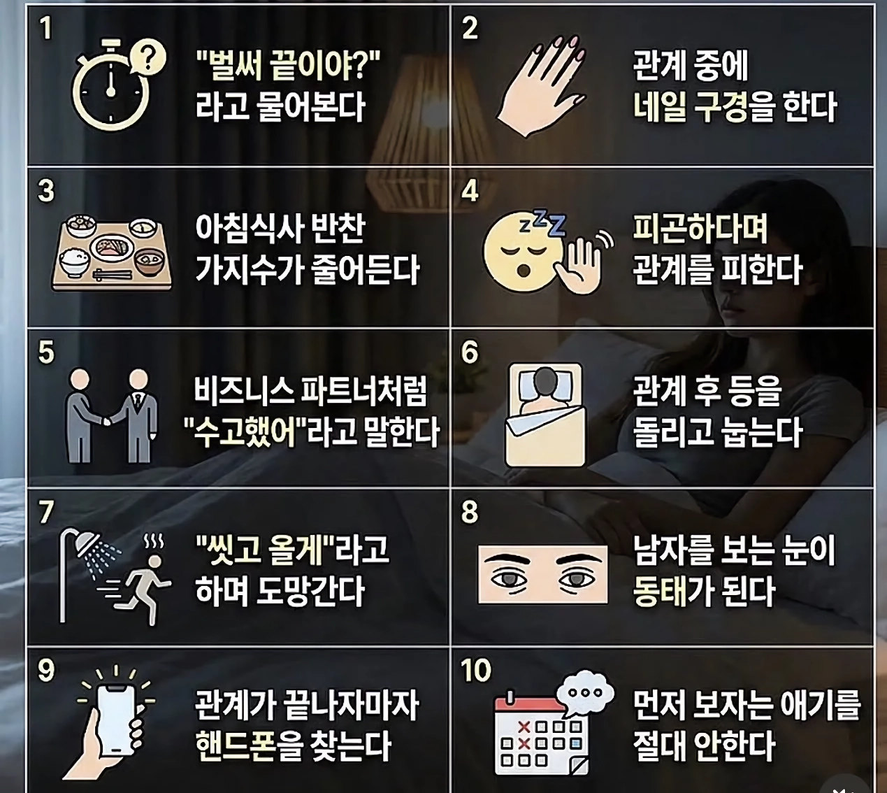 여자가 침대 위에서 실망했을 때 반응