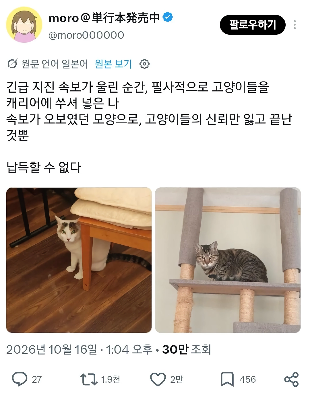 긴급 지진 속보가 울린 순간, 필사적으로 고양이들을 캐리어에 쑤셔 넣은 일본인