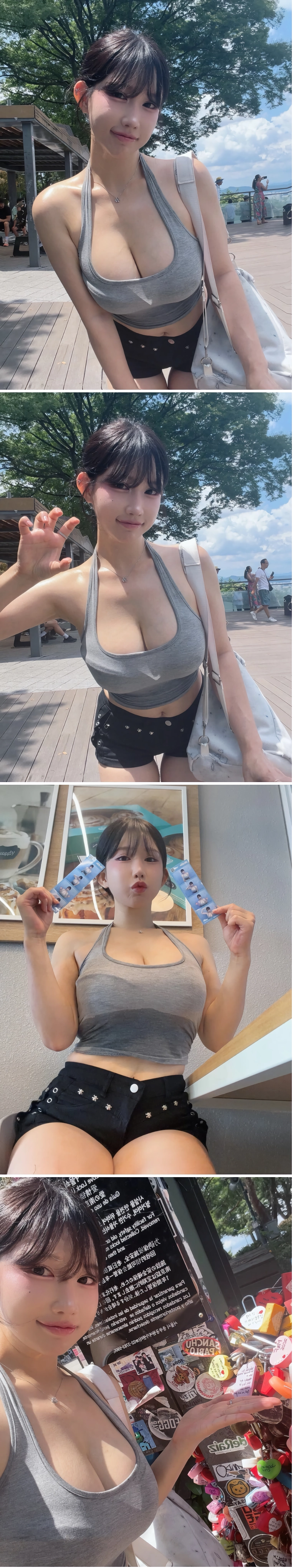번호 많이 따일듯한 그릴래영 사복패션 회색 나시 가슴골