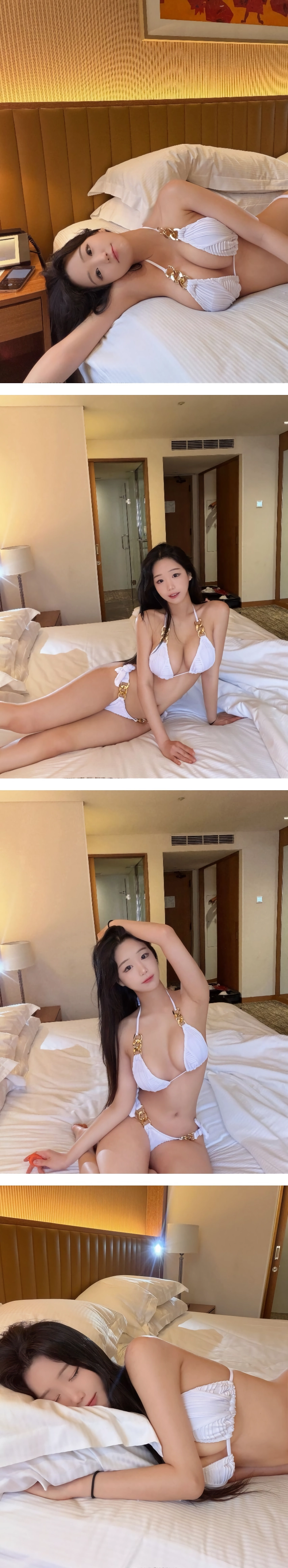 에디린 금속 고리 화이트 비키니 호텔방 침대에 누은 가슴골