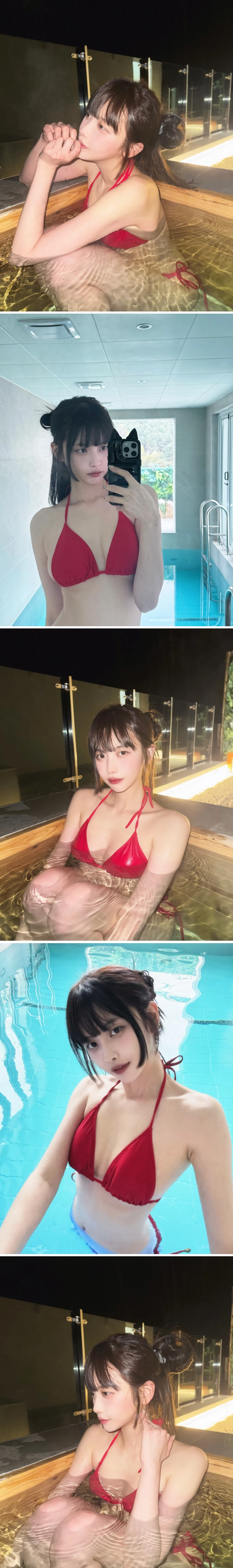 177cm 고말숙 히노키탕에서 빨간 끈비키니 사이드붑 가슴골