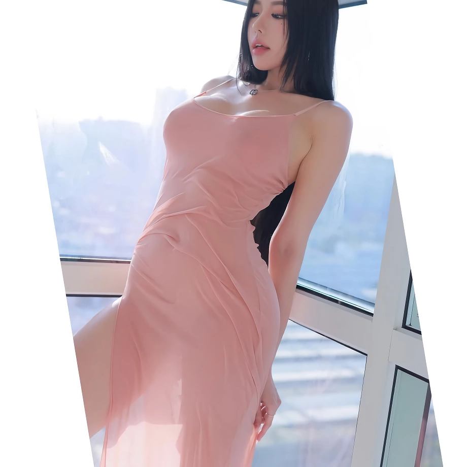 동그란 몸매라인 그대로 보여주는 핑크 나시 원피스 노브라 꼭지