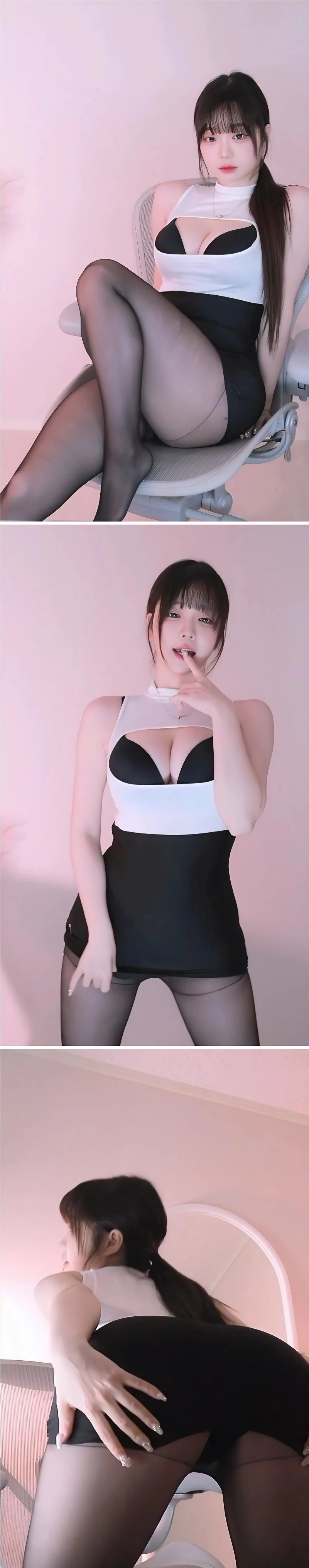 러아 방셀 오피스룩 검정 브라 가슴골 + 검스 야벅지