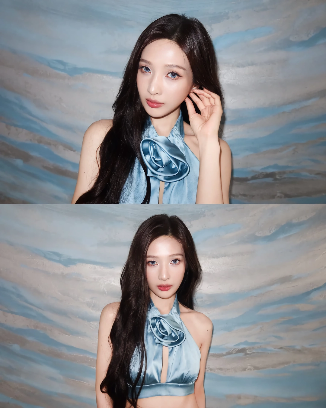 레드벨벳 조이 하늘색 실크 홀터넥 + 시스루 치마 개미허리 배꼽