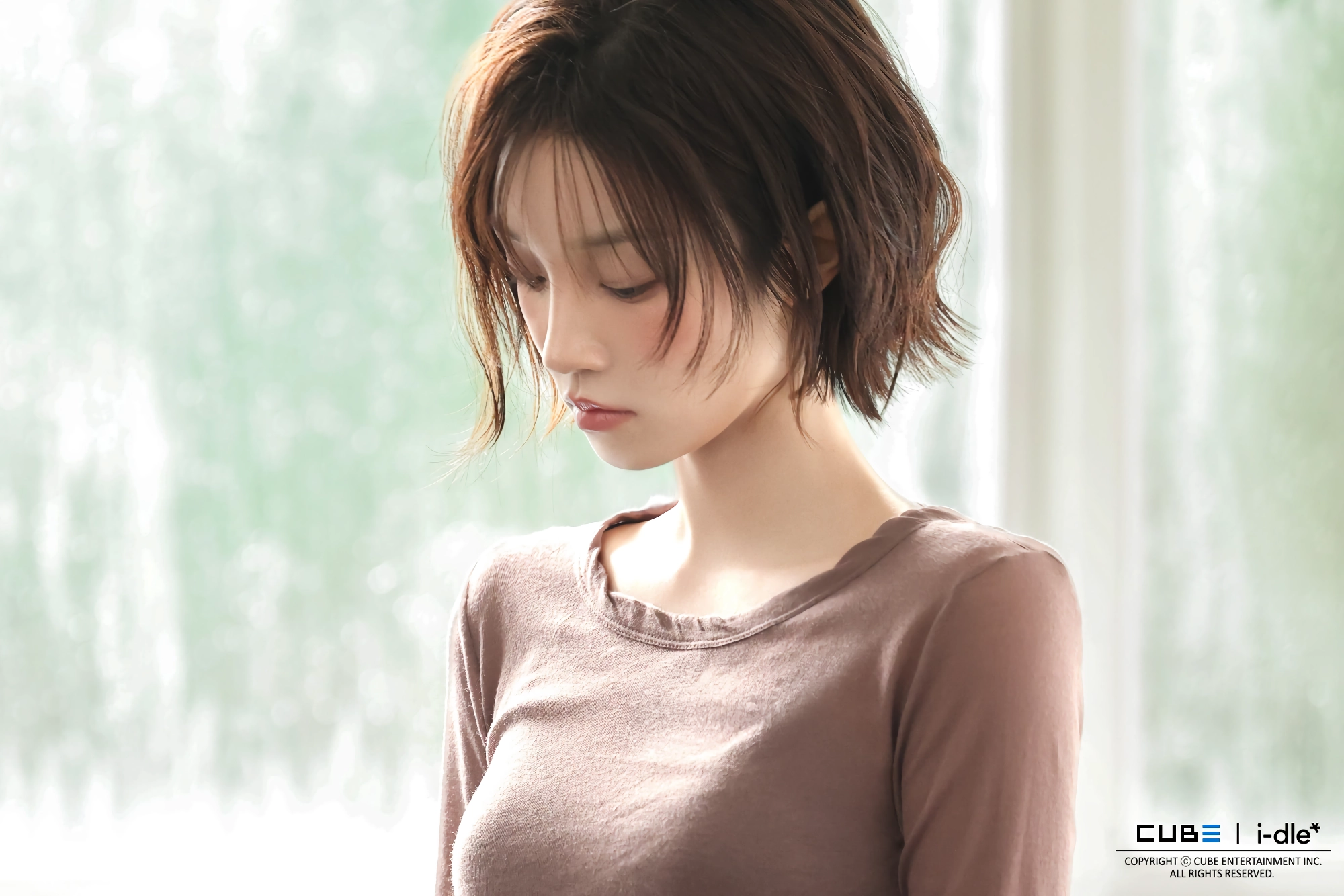 아이들 우기 새 프로필 사진.검정 브라 비치는 갈색 시스루티