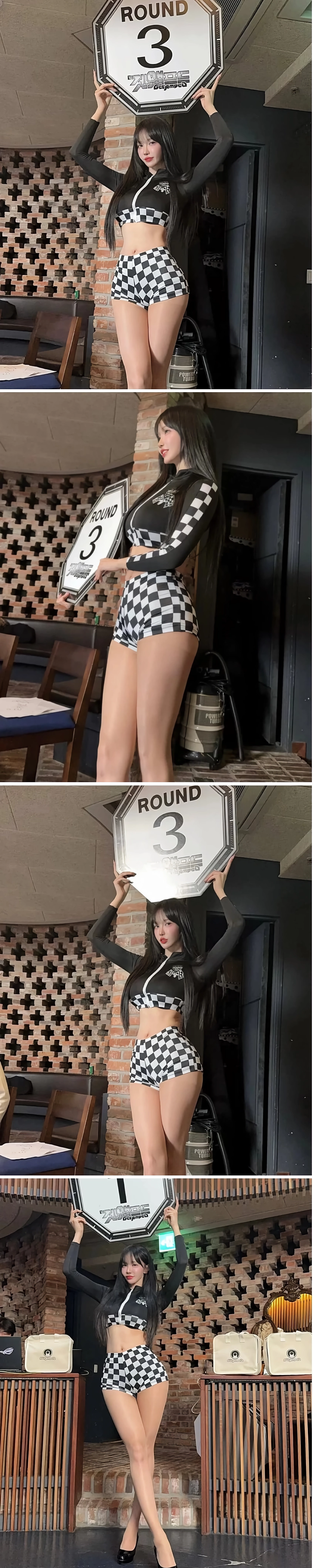 ””체급의 F컵”” 라운드걸 겨우디 검정 레이싱 깃발 의상