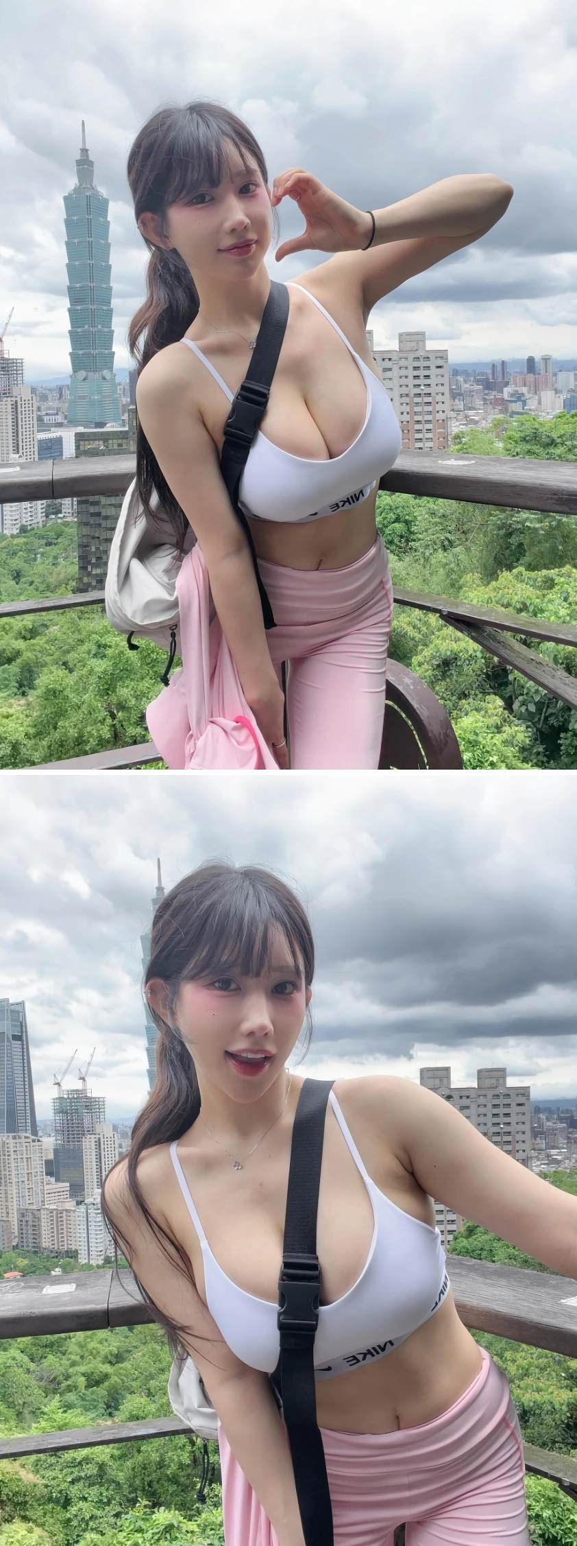 핑크색 집업 지퍼 오픈한 그릴래영 흰 나이키 브라 H컵 슴골