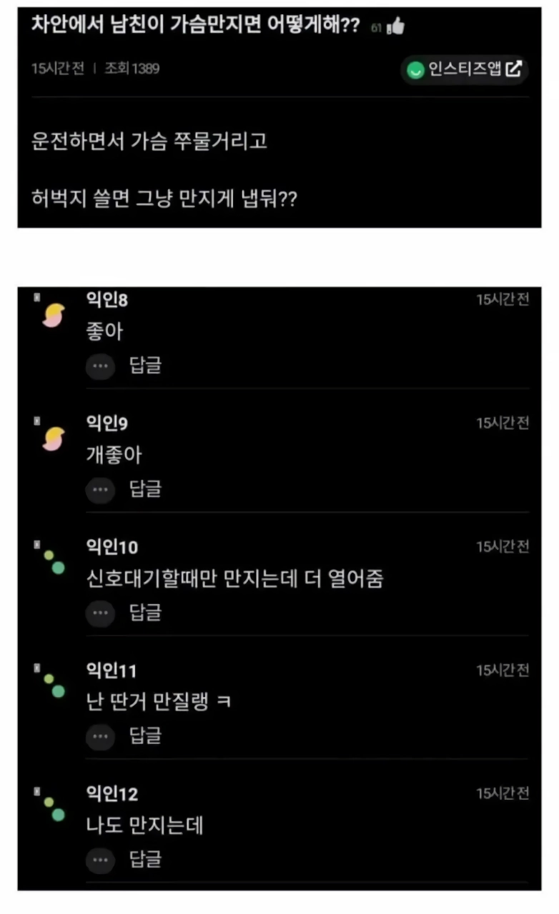 차 안에서 가슴만지는 남친 여시반응
